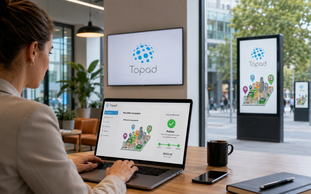 Illustration: a broadcaster shop with a connected advertising screen on the Topad network